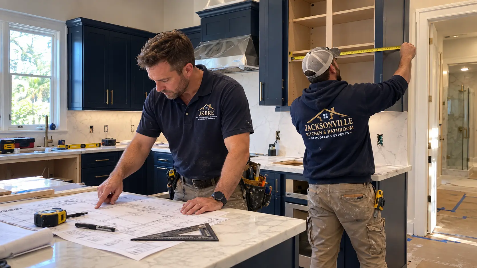 Kitchen installation planning with layout drawings and cabinet measurements