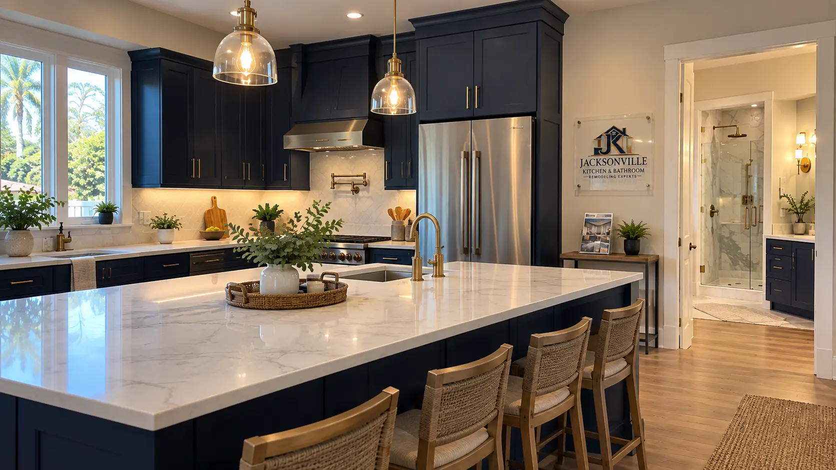 Kitchen inspiration with navy shaker cabinets, white quartz island and brass hardware