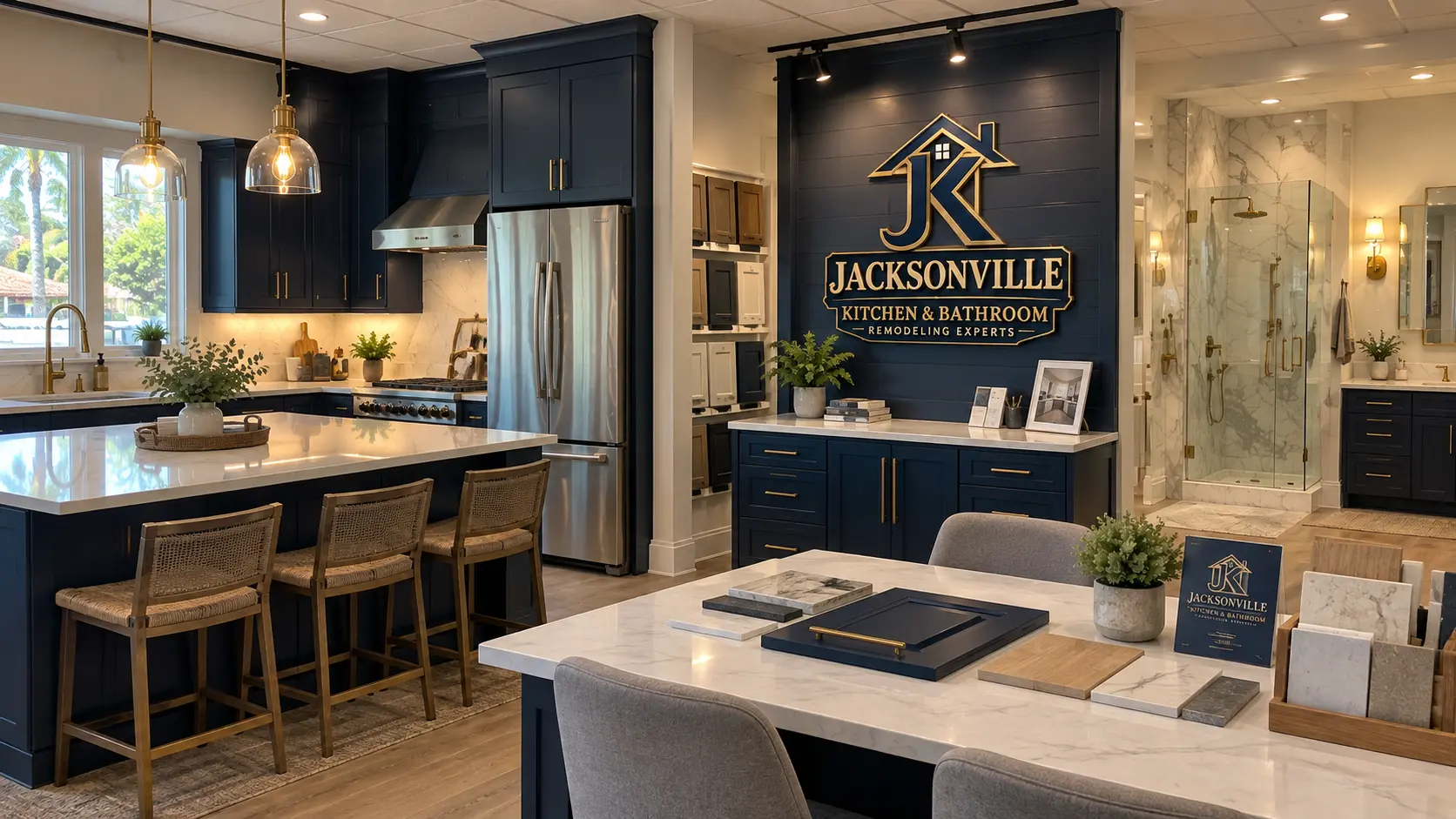 Design selection space with kitchen island, cabinet door samples, countertop and tile samples