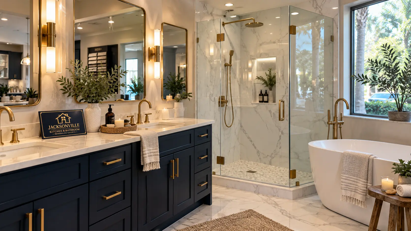 Bathroom inspiration with frameless walk-in shower, navy vanity and freestanding tub